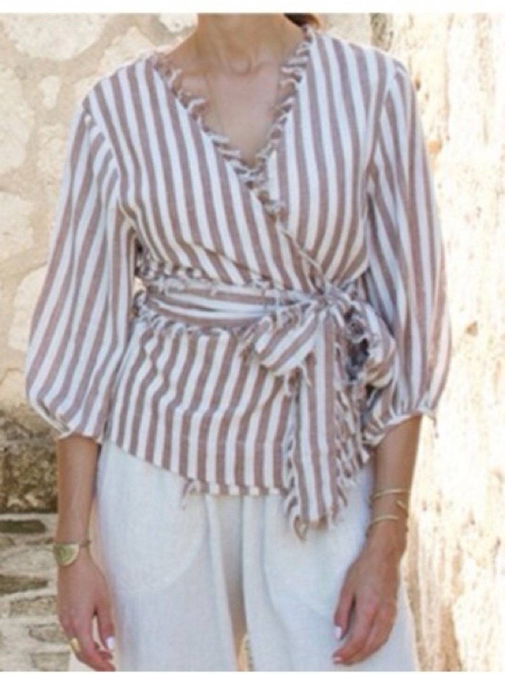 Mirth Handmade Khadi Wrap Top Taupe Stripe Women’s Small Hund Spun Cotton